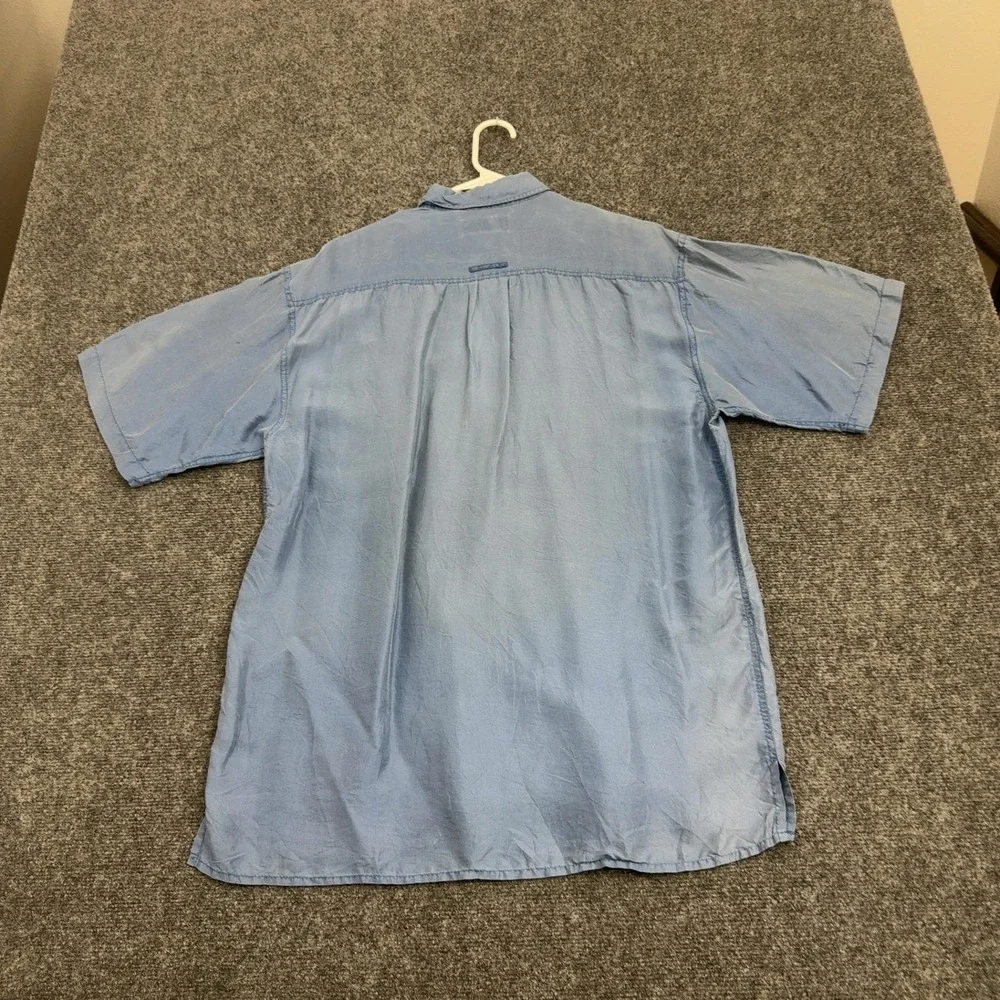 Vintage Bogari Shirt Mens L Blue Silk Short Sleeve Button Down Casual Summer